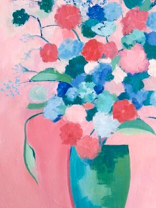 Bunch of flowers in pinks through to blues and turquoises, sitting in a tall vase,  still life, oil, Lucinda Leveille, original artwork, framed,