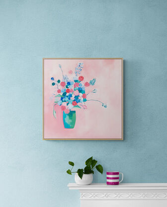 Bunch of flowers in pinks through to blues and turquoises, sitting in a tall vase,  still life, oil, Lucinda Leveille, original artwork, framed,