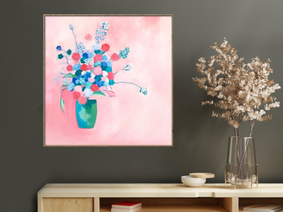 Bunch of flowers in pinks through to blues and turquoises, sitting in a tall vase,  still life, oil, Lucinda Leveille, original artwork, framed,