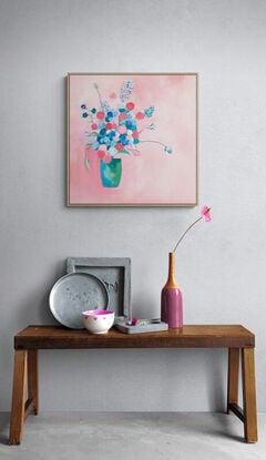 Bunch of flowers in pinks through to blues and turquoises, sitting in a tall vase,  still life, oil, Lucinda Leveille, original artwork, framed,