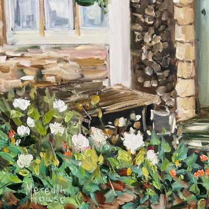 Oil painting of a Limestone cottage and garden in Lower Slaughter, Cotswolds.