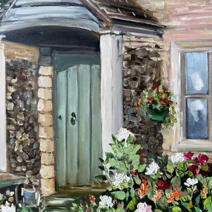 Oil painting of a Limestone cottage and garden in Lower Slaughter, Cotswolds.