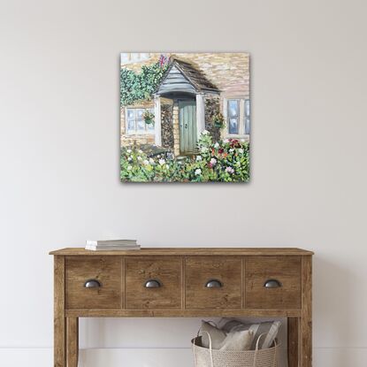 Oil painting of a Limestone cottage and garden in Lower Slaughter, Cotswolds.