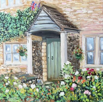 Oil painting of a Limestone cottage and garden in Lower Slaughter, Cotswolds.