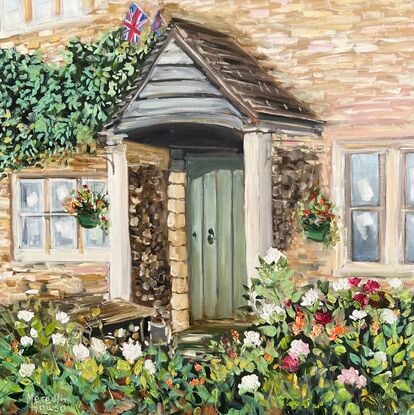 Oil painting of a Limestone cottage and garden in Lower Slaughter, Cotswolds.