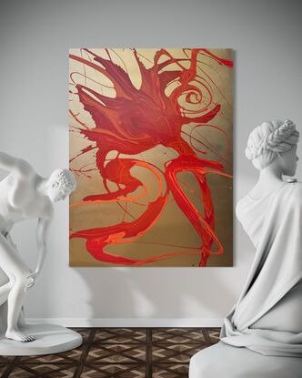 Abstract painting titled Inferno's Dance featuring vibrant red and orange fluid acrylic swirls against a metallic gold acrylic aerosol background on canvas, evoking the energy and motion of flames.