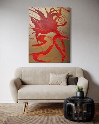 Abstract painting titled Inferno's Dance featuring vibrant red and orange fluid acrylic swirls against a metallic gold acrylic aerosol background on canvas, evoking the energy and motion of flames.