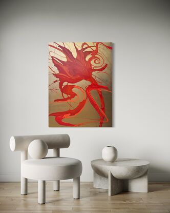 Abstract painting titled Inferno's Dance featuring vibrant red and orange fluid acrylic swirls against a metallic gold acrylic aerosol background on canvas, evoking the energy and motion of flames.