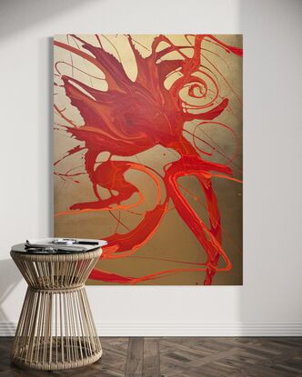 Abstract painting titled Inferno's Dance featuring vibrant red and orange fluid acrylic swirls against a metallic gold acrylic aerosol background on canvas, evoking the energy and motion of flames.