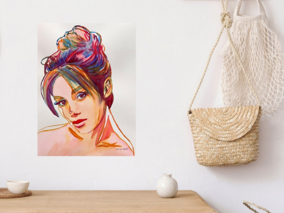 This stunning watercolour artwork captures the allure of its subject with a blend of vibrant colors and soft brushstrokes. The figure's expressive gaze and delicately painted features create a sense of intimacy and connection, drawing viewers into the portrait. The artist’s use of dynamic hues and fluid lines adds movement and depth, making this piece a beautiful exploration of human expression and emotion.