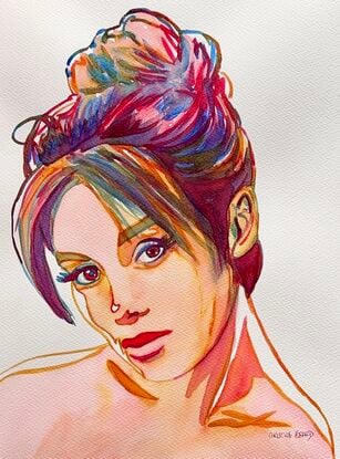 This stunning watercolour artwork captures the allure of its subject with a blend of vibrant colors and soft brushstrokes. The figure's expressive gaze and delicately painted features create a sense of intimacy and connection, drawing viewers into the portrait. The artist’s use of dynamic hues and fluid lines adds movement and depth, making this piece a beautiful exploration of human expression and emotion.