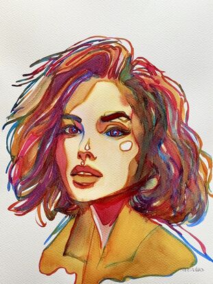 This dynamic watercolour portrait captures a bold expression through a striking blend of vibrant hues and fluid lines. The artwork showcases the subject's intense gaze and confident poise, enveloped in a cascade of lively colours that blend seamlessly, creating a captivating and modern interpretation of inner strength and individuality. The intricate detailing and vibrant palette evoke a sense of energy and allure, making this piece a stunning statement of contemporary artistry.