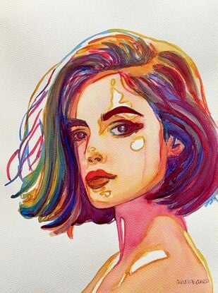 This captivating watercolour portrait, titled "Aura," beautifully combines bold brushstrokes and a rich palette of vibrant hues. The artwork portrays a strong, enigmatic figure whose intense gaze and subtle expression are accentuated by a flowing array of colours that blend seamlessly. This piece masterfully captures the interplay of light and shadow, creating a sense of depth and dimension that invites the viewer into a world of mystery and allure. The harmonious fusion of tones and textures makes "Aura" a standout addition to any contemporary art collection.