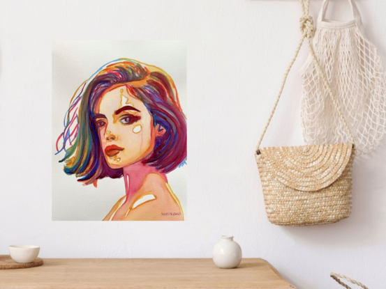 This captivating watercolour portrait, titled "Aura," beautifully combines bold brushstrokes and a rich palette of vibrant hues. The artwork portrays a strong, enigmatic figure whose intense gaze and subtle expression are accentuated by a flowing array of colours that blend seamlessly. This piece masterfully captures the interplay of light and shadow, creating a sense of depth and dimension that invites the viewer into a world of mystery and allure. The harmonious fusion of tones and textures makes "Aura" a standout addition to any contemporary art collection.