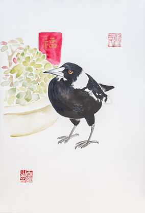 Magpie, succulent, and Chinese character