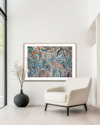 Just livin my best life, a contemporary abstract impression by Carley Bourne.  Tropical, Palm trees, the sun and ocean, with a summer filled vibe.