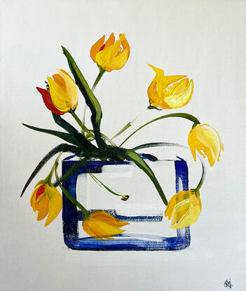 Yellow Tulips in Blue Glass Vase Painted in Acrylic on Cotton Canvas