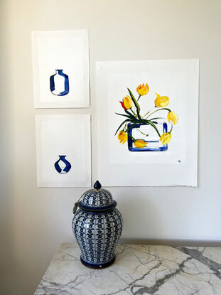 Yellow Tulips in Blue Glass Vase Painted in Acrylic on Cotton Canvas