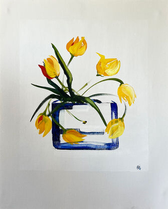 Yellow Tulips in Blue Glass Vase Painted in Acrylic on Cotton Canvas