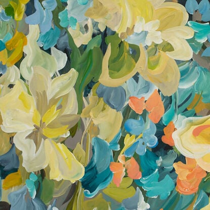 Large Tropical Flower Original Painting in a joyful colour palette of warm orange, yellows, turquoise blues, greens. 