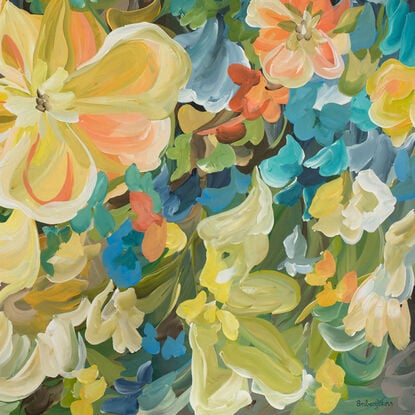 Large Tropical Flower Original Painting in a joyful colour palette of warm orange, yellows, turquoise blues, greens. 