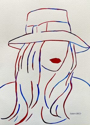 This striking watercolor artwork captures the essence of mystery and elegance through the use of bold, flowing lines in red and blue. The piece depicts a figure partially obscured by a wide-brimmed hat, with vivid red lips as the focal point, creating an enigmatic allure. The minimalist approach emphasizes the interplay between presence and absence, inviting the viewer to imagine the story behind the hidden visage. Perfect for art lovers drawn to simplicity and intrigue, this artwork speaks to the power of suggestion and the beauty of the unseen.
