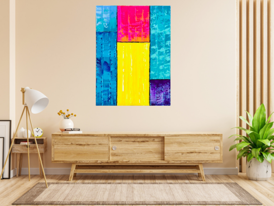 This painting embodies vibrant impasto layers of bright blues, greens, pinks, violets and vivid sunny yellows with highlights of white, reminiscent of an abstract sunrise.