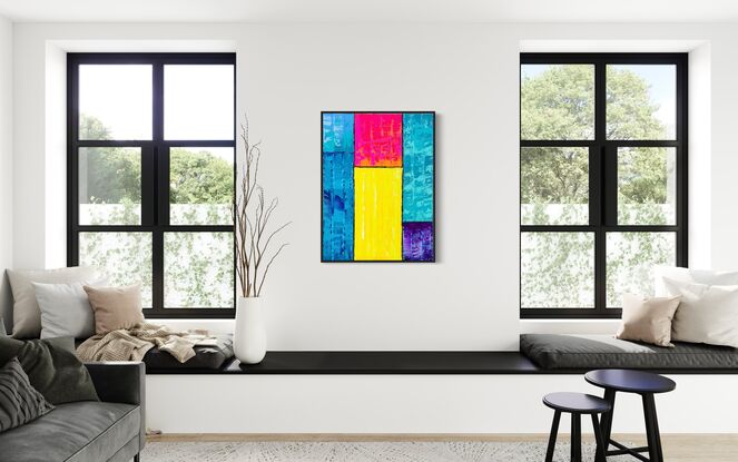 This painting embodies vibrant impasto layers of bright blues, greens, pinks, violets and vivid sunny yellows with highlights of white, reminiscent of an abstract sunrise.