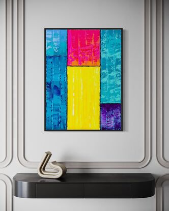 This painting embodies vibrant impasto layers of bright blues, greens, pinks, violets and vivid sunny yellows with highlights of white, reminiscent of an abstract sunrise.