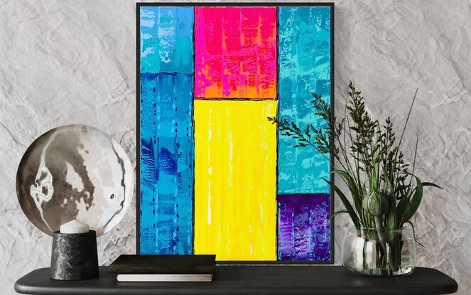 This painting embodies vibrant impasto layers of bright blues, greens, pinks, violets and vivid sunny yellows with highlights of white, reminiscent of an abstract sunrise.