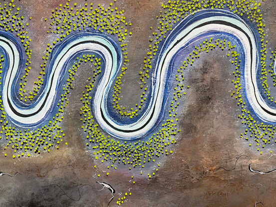 Beyond Violet Valley by Tania Chanter features an aerial abstract view of a landscape with a meandering river horizontally through the centre with tiny trees dotted over the countryside.