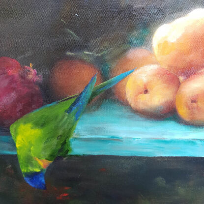 Chiascuro still life with modern Australian twist, featuring apricots with jam jars and rainbow lorikeets on turquoise shelf with dark olive green foliage. 