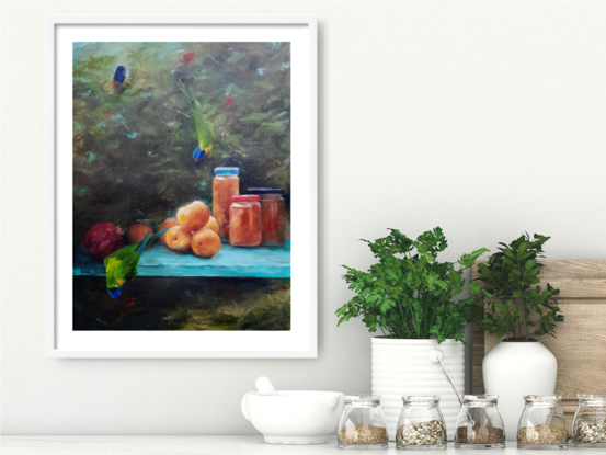 Chiascuro still life with modern Australian twist, featuring apricots with jam jars and rainbow lorikeets on turquoise shelf with dark olive green foliage. 