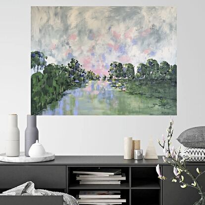 An impressionistic landscape with a big sky and pink sunset reflections in the water