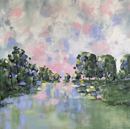 An impressionistic landscape with a big sky and pink sunset reflections in the water