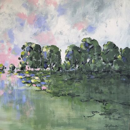 An impressionistic landscape with a big sky and pink sunset reflections in the water