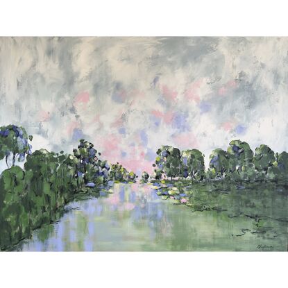 An impressionistic landscape with a big sky and pink sunset reflections in the water