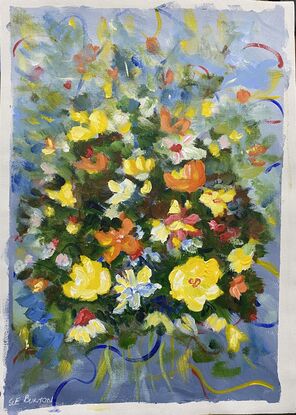 An Alla Prima piece in soft impressionistic style where the yellow, orange and small red flowers glow against the blue grey background. A simple feast for your eyes. This will fit in a standard A2 frame and bring a happy feeling to your room or sit on a shelf and enjoy!