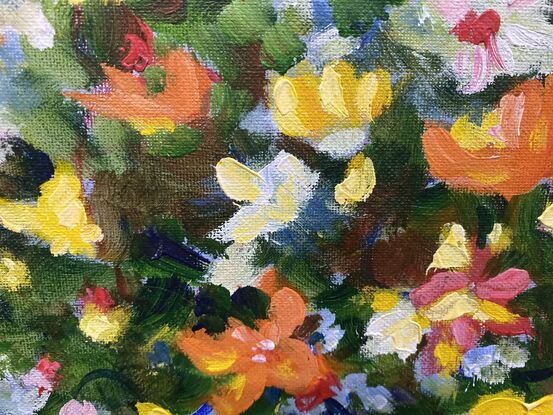 An Alla Prima piece in soft impressionistic style where the yellow, orange and small red flowers glow against the blue grey background. A simple feast for your eyes. This will fit in a standard A2 frame and bring a happy feeling to your room or sit on a shelf and enjoy!