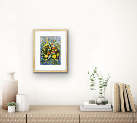 An Alla Prima piece in soft impressionistic style where the yellow, orange and small red flowers glow against the blue grey background. A simple feast for your eyes. This will fit in a standard A2 frame and bring a happy feeling to your room or sit on a shelf and enjoy!