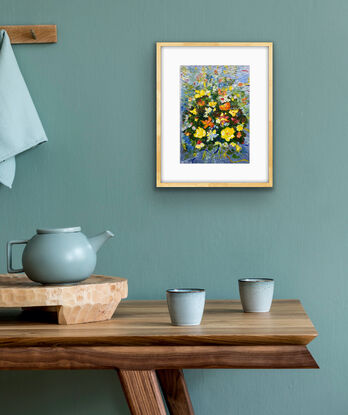 An Alla Prima piece in soft impressionistic style where the yellow, orange and small red flowers glow against the blue grey background. A simple feast for your eyes. This will fit in a standard A2 frame and bring a happy feeling to your room or sit on a shelf and enjoy!