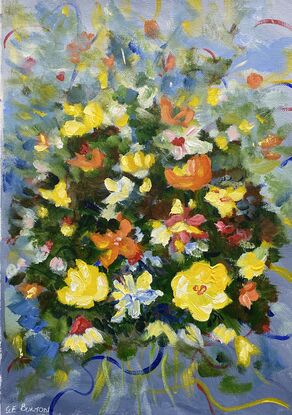 An Alla Prima piece in soft impressionistic style where the yellow, orange and small red flowers glow against the blue grey background. A simple feast for your eyes. This will fit in a standard A2 frame and bring a happy feeling to your room or sit on a shelf and enjoy!