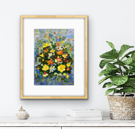 An Alla Prima piece in soft impressionistic style where the yellow, orange and small red flowers glow against the blue grey background. A simple feast for your eyes. This will fit in a standard A2 frame and bring a happy feeling to your room or sit on a shelf and enjoy!