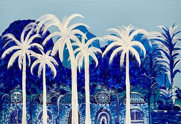 A blue and white depiction of a quaint village in the foothills of Morocco. 