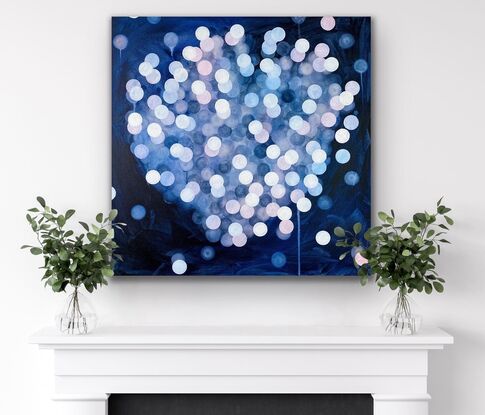 Abstract painting with dots and organic forms reminiscent of science, the sea or underwater. Colourful with many layers of colour and floating forms. Photographic lights ,like bokeh. A unique mixing of original abstract art with microbiology and science. Cellular art. Jelly fish forms. Calming and peaceful. Framed and ready to hang