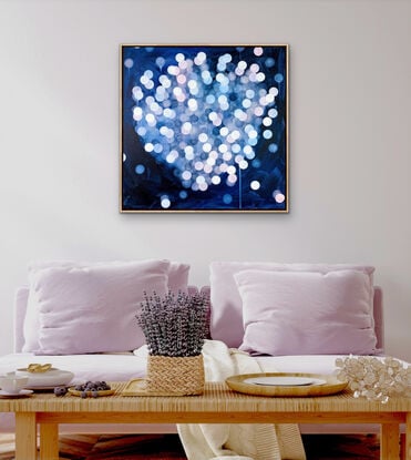 Abstract painting with dots and organic forms reminiscent of science, the sea or underwater. Colourful with many layers of colour and floating forms. Photographic lights ,like bokeh. A unique mixing of original abstract art with microbiology and science. Cellular art. Jelly fish forms. Calming and peaceful. Framed and ready to hang