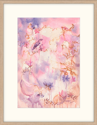 Abstract fantasy painting in hues of peach and pink with birds and flowers