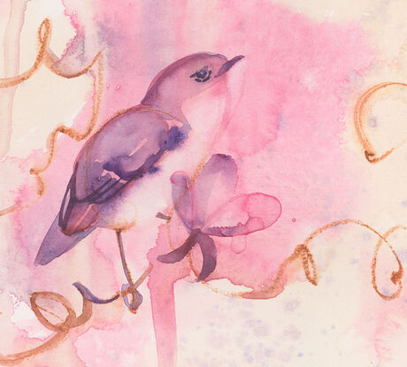 Abstract fantasy painting in hues of peach and pink with birds and flowers