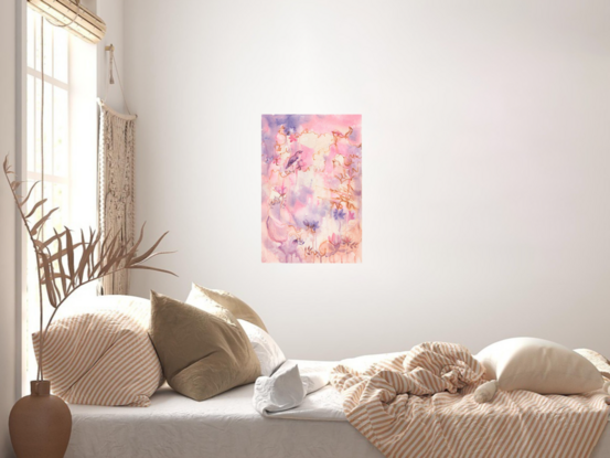 Abstract fantasy painting in hues of peach and pink with birds and flowers