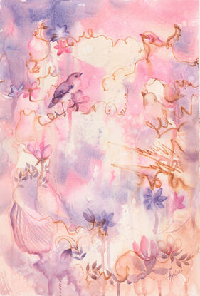 Abstract fantasy painting in hues of peach and pink with birds and flowers